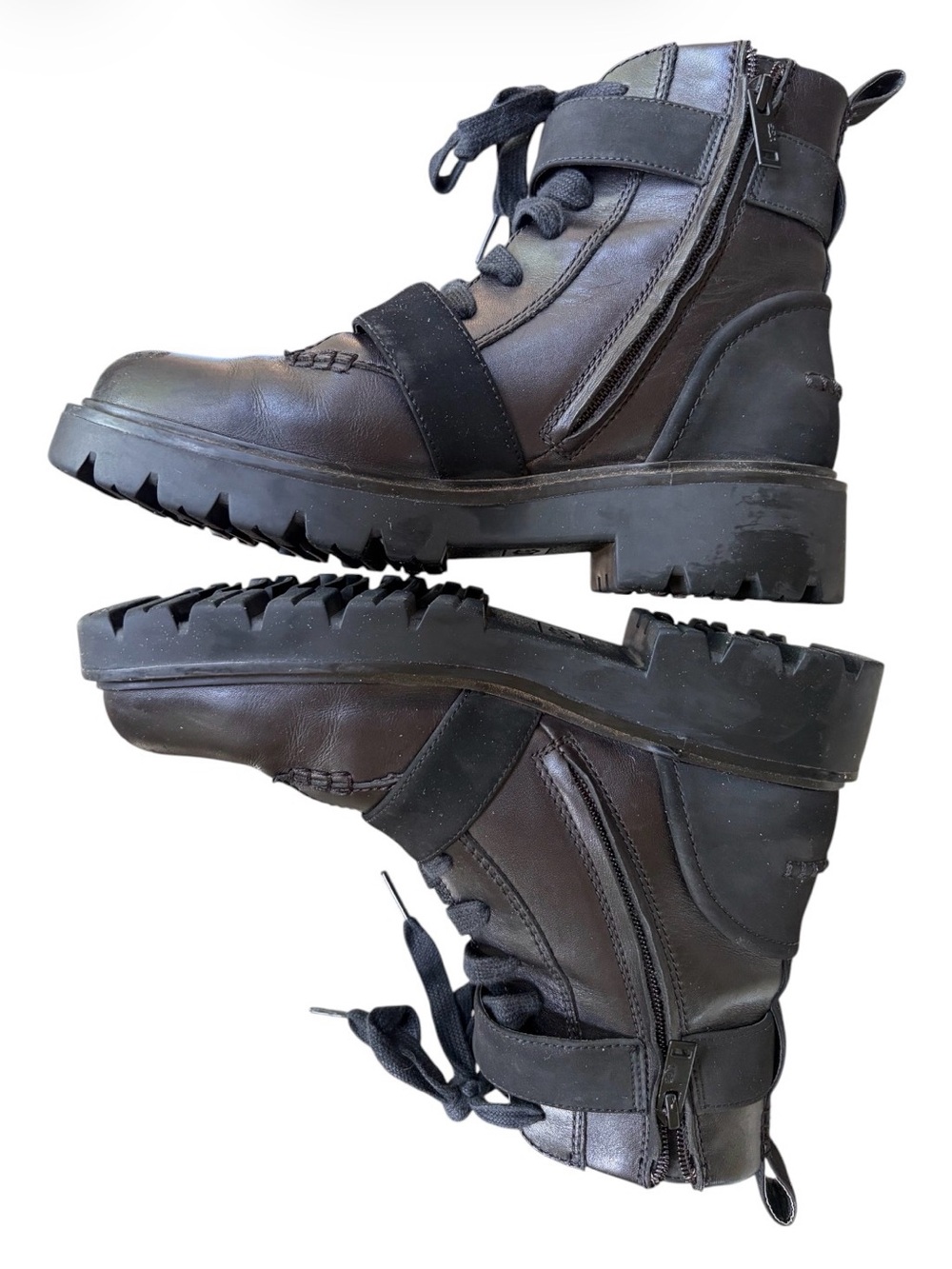 Ugg Noe Combat Moto Leather Black Lug Sole Buckle Boot Women Sz 8 Military Cop - Picture 3 of 7